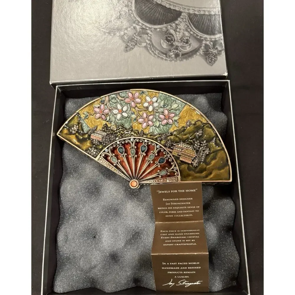 Jay Strongwater Fan Philomena Trinket Box Enameled & Jeweled Chinese Oriental - Picture 11 of 13